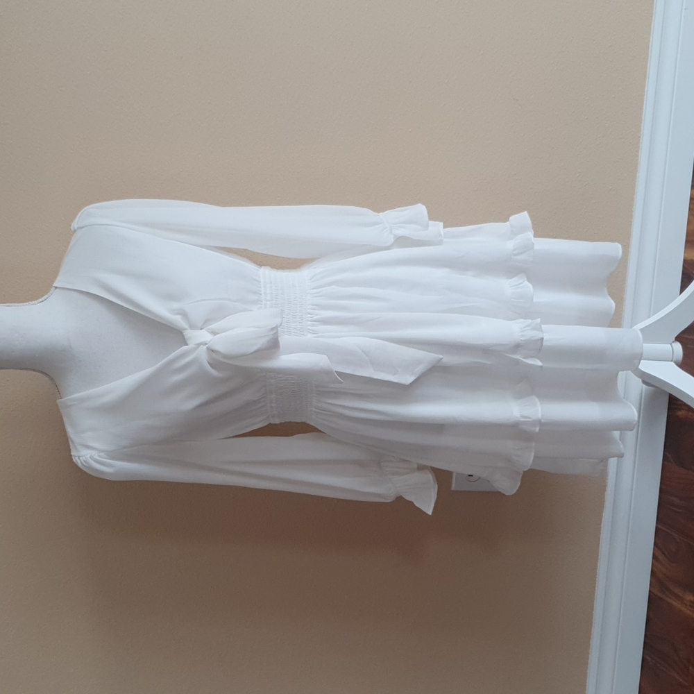 White ribbon front long sleeve midi dress